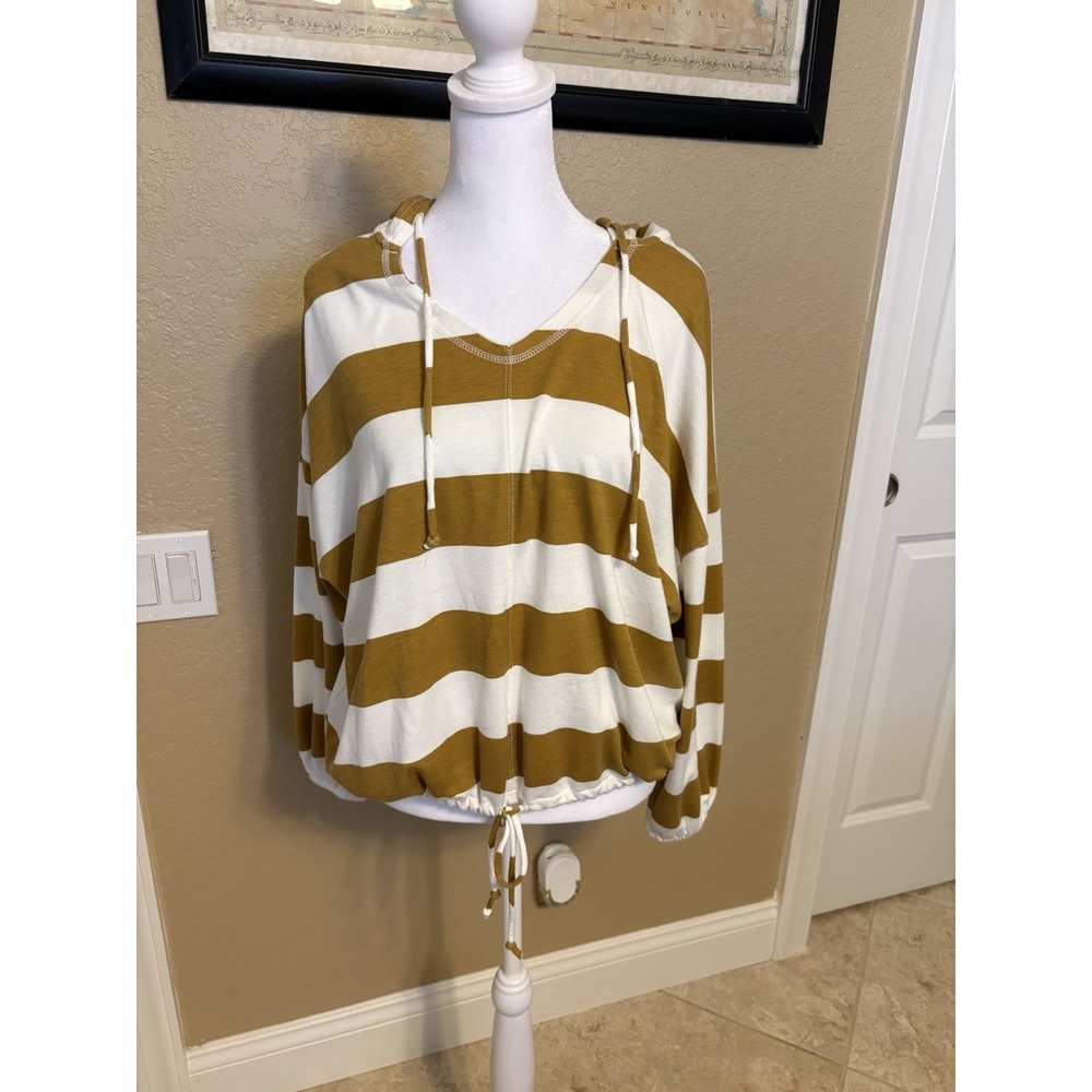 Aerie Women's Mustard And White Striped Oversized Lightweight Hooded Top, Small